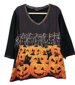 Sparkly Womens Halloween Top Tunic 2XL Embellished Cats Pumpkin Jewels Stretch